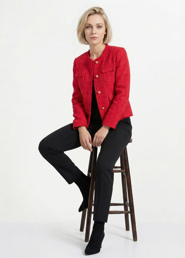 Veste tweed boutonnée frangée sans col Rouge