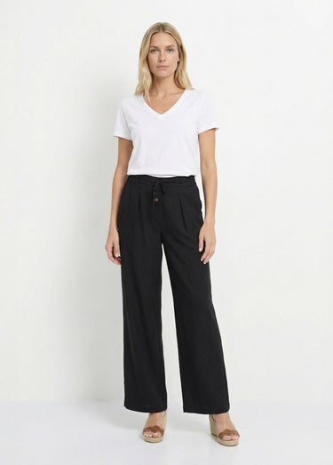 Pantalon large avec lin, style ethnique Noir