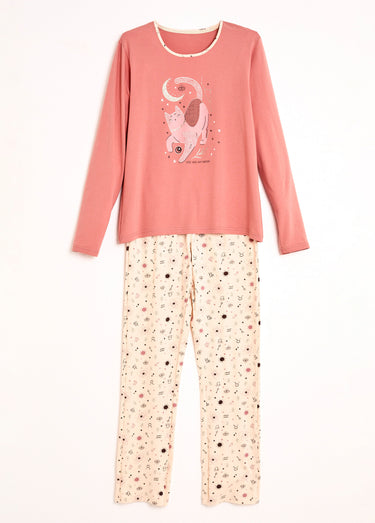 Pyjama pantalon manches longues coton Terracotta/Ecru