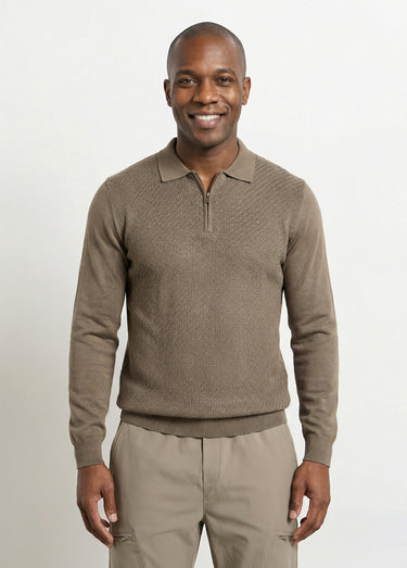 Pull col polo zippé, maille chevrons Vert Sauge