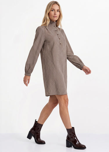 Robe chemisier à carreaux, col plissé Carreaux Marron