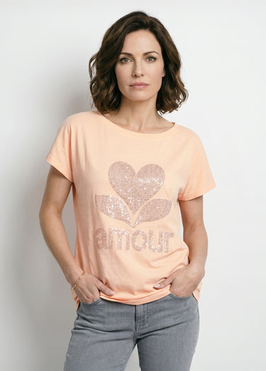 T-shirt col rond motif pailleté Amour Orange