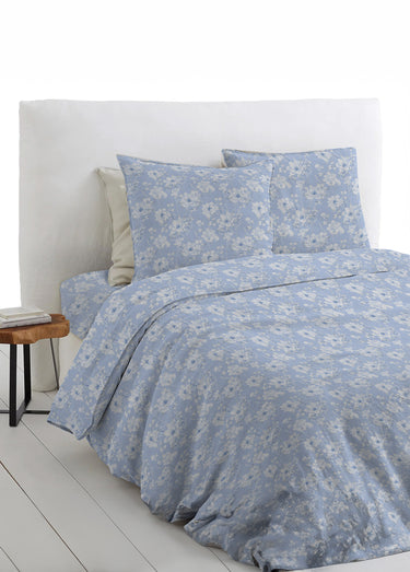 Drap plat imprimé fleurs flanelle coton Bleu