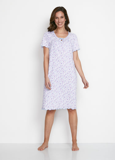 Chemise de nuit mi-longue manches courtes Lilas/Bleu