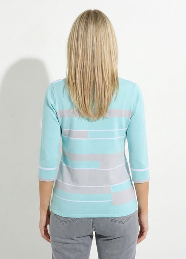 Pull manches 3/4 col bateau jacquard rayé devant Aqua/Gris