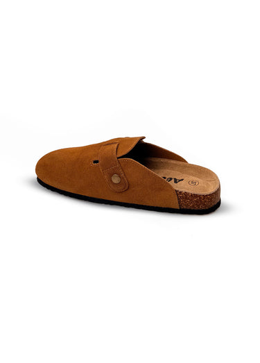 Mules sabots, dessus en cuir nubuck Camel