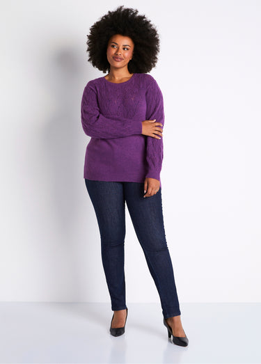 Pull doux uni col rond maille fantaisie Violine