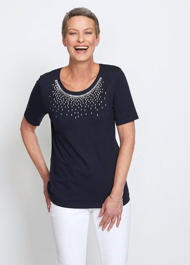T-shirt jersey fantaisie clouté strass Marine