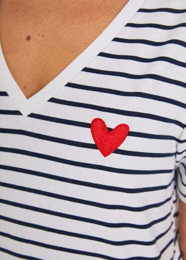 T-shirt rayé col V avec broderie cœur Raye Bleu