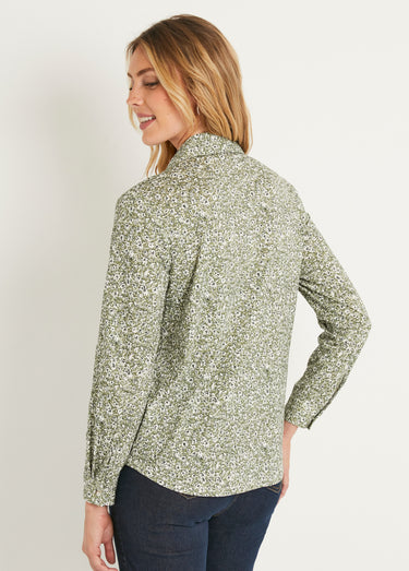 Chemisier droit coton fleuri boutonné Vert