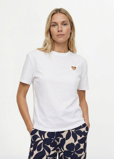 T-shirt col rond, motif cœur tissu évidé Blanc