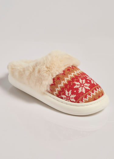 Chaussons fourrure et jacquard thème Noël Rouge