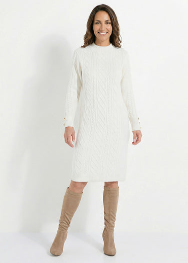 Robe-pull courte tricot uni col rond Ecru