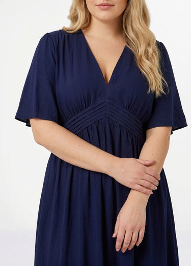 Robe longue taille haute plissée, col V Marine