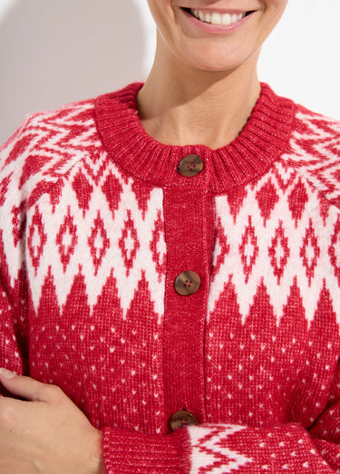 Gilet chaud boutonné jacquard graphique Rouge/Ecru