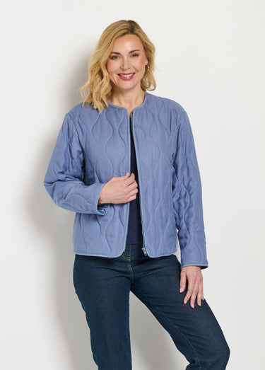 Veste unie matelassée zippée courte col rond Bleu Jean