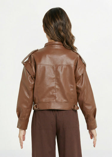 Blouson vintage col montant, simili cuir Chocolat
