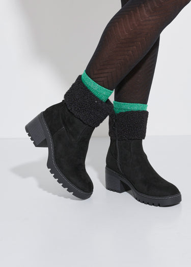 Boots suédine à talon, revers fourrure Noir