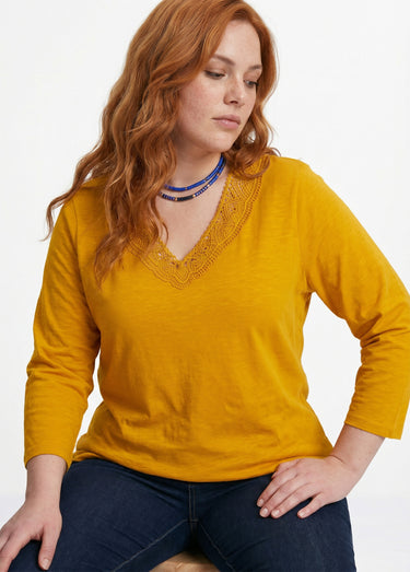 T-shirt manches 3/4 coton et macramé Miel