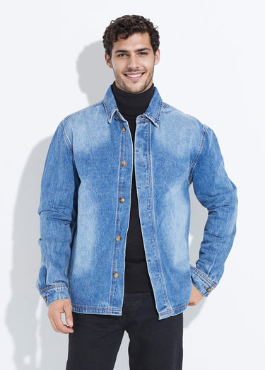 Surchemise en jean délavé, denim épais Bleu