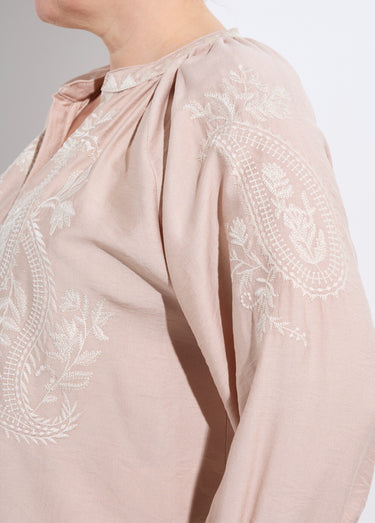 Blouse avec broderies et petit col V Beige/Ecru