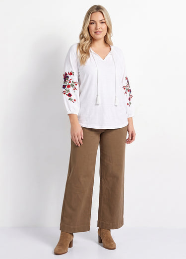 T-shirt long brodé manches 3/4 Blanc