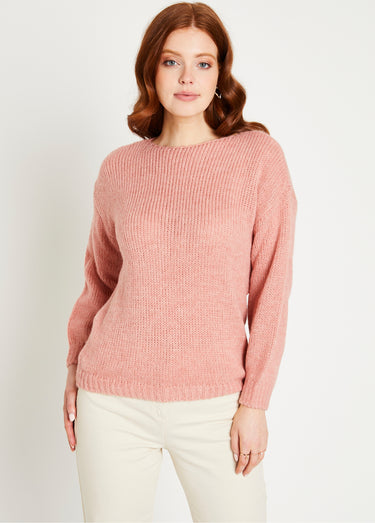 Pull court ample col rond grosse maille Rose Poudre