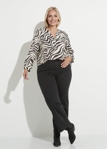 Blouse col V boutonné imprimé animalier Noir/Ecru