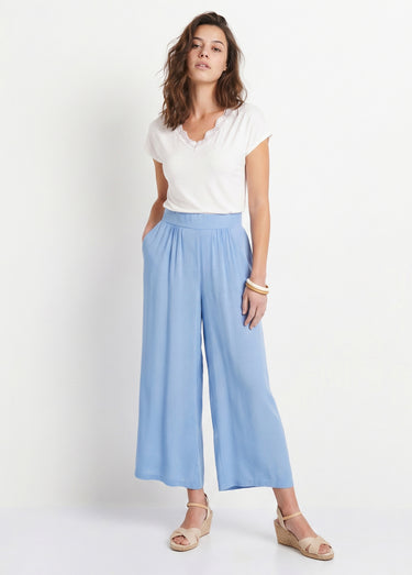 Pantalon large taille élastiquée fleuri ou uni Bleu