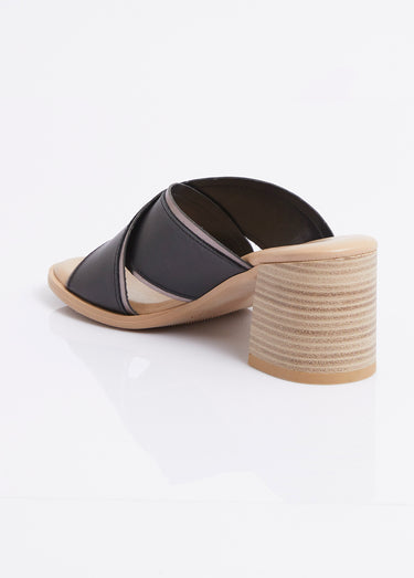 Mules brides croisées talon effet bois Noir