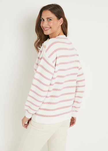 Pull doux rayé col rond maille fantaisie Ecru/Vieux Rose