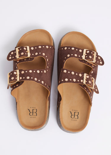 Mules anatomiques suédine, détails clous Marron