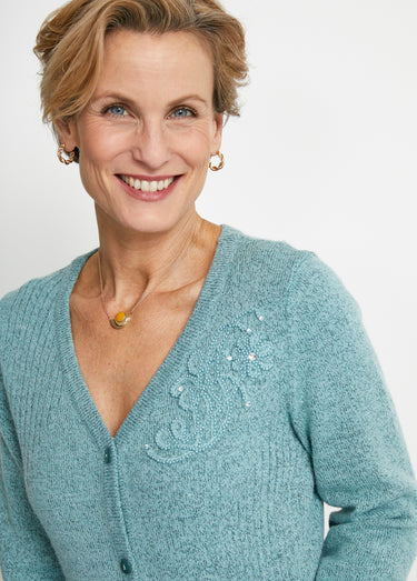 Gilet col V boutonné brodés strassé Vert