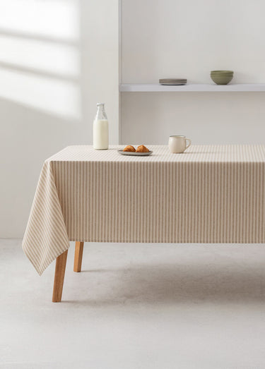 Nappe anti taches coton, fines rayures Beige