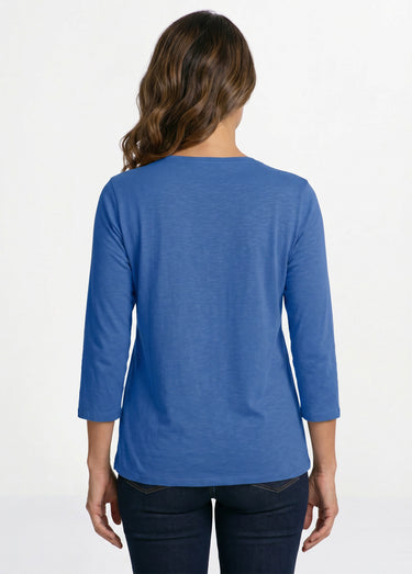 T-shirt manches 3/4 coton et macramé Bleu