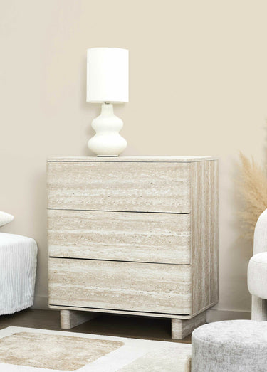 Commode 3 tiroirs effet pierre travertin Blanc/Beige