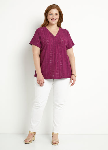 T-shirt ample col V uni effet broderie Cassis