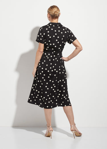 Robe chemisier à pois longue à ceinturer Noir / Pois