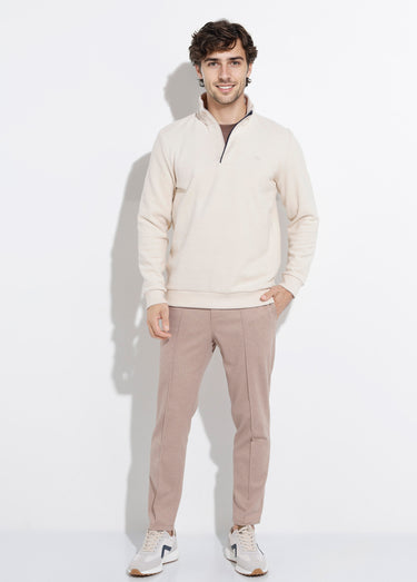 Pull épais jersey de coton, col zippé Beige