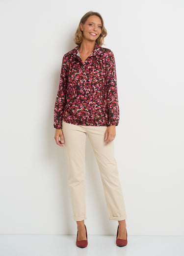 Blouse imprimée col V manches élastiquées Rouge/Noir