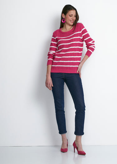 Pull rayures et boutons esprit marinière Framboise/Blanc