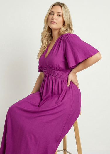 Robe longue taille haute plissée, col V Violet