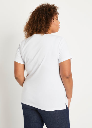 T-shirt long motif fleuri fentes côtés Blanc