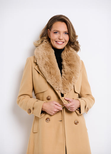 Manteau col fausse fourrure toucher laineux Beige