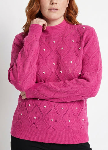 Pull doux ajouré perlé col montant Rose