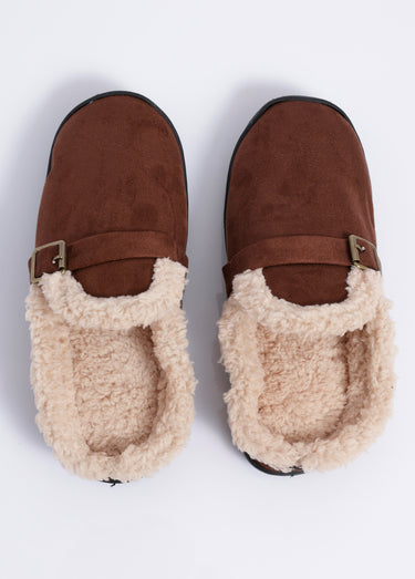 Mules suédine fourrées, antidérapantes Marron