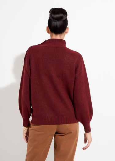 Pull col montant boutons bijou métal Bordeaux
