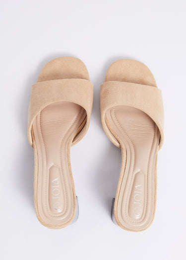Mules suédine à talon façon lamellé Beige