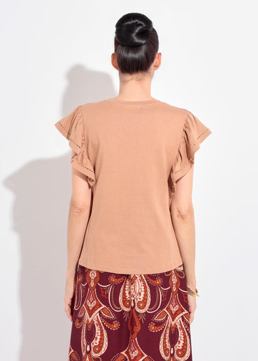 T-shirt manches courtes volantées ajourées Camel