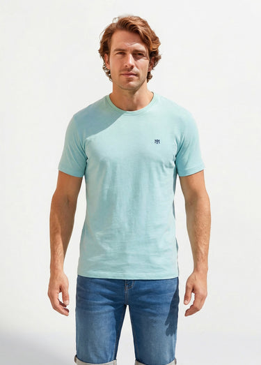 T-shirt col rond brodé manches courtes Bleu Ciel